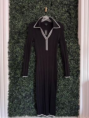 Express Black Ribbed Polo Body-con Dress with White Contrast Trim